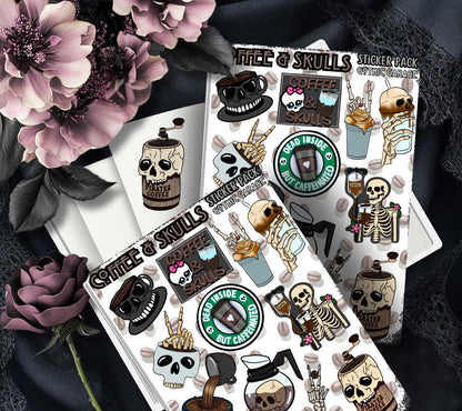 Café y Calaveras – Hoja de pegatinas góticas de esqueletos de café: perfecta para los amantes del café