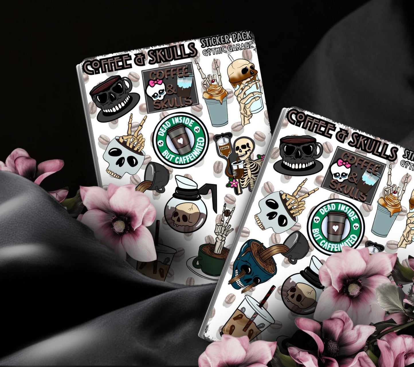 Café y Calaveras – Hoja de pegatinas góticas de esqueletos de café: perfecta para los amantes del café