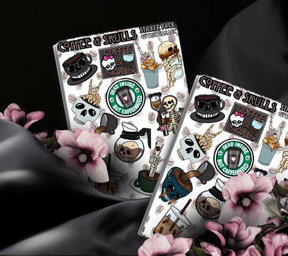 Café y Calaveras – Hoja de pegatinas góticas de esqueletos de café: perfecta para los amantes del café