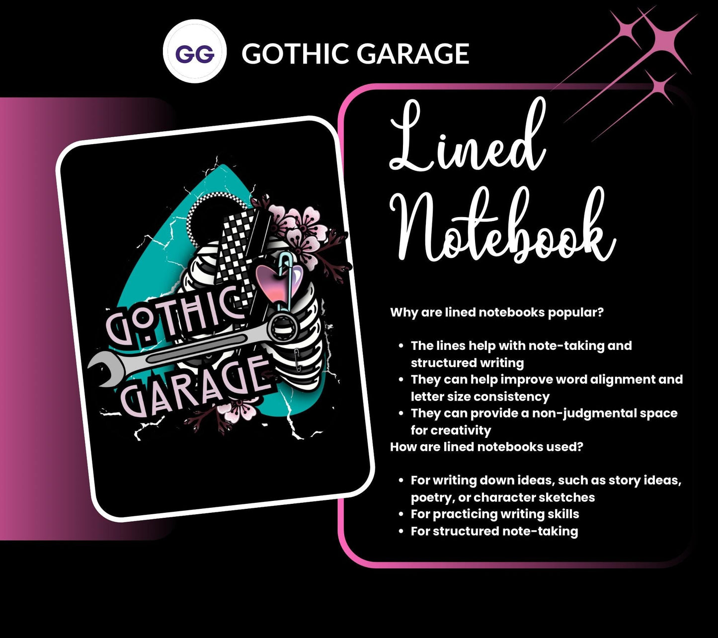 Carnet à couverture rigide style gothique et punk, motif cage thoracique dessiné à la main – 160 pages lignées pour les tâches quotidiennes, les notes et les écrits personnels