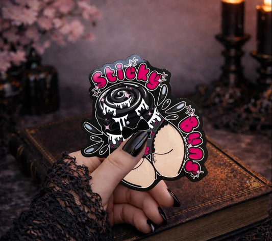 Naughty Goth Sticky Buns Sticker – Waterproof Die Cut, Glossy or Holographic Finish, Fun Gothic Humor Decal