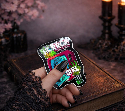 Retro Horror Girl Waterproof Sticker – Vintage Gothic TV Design