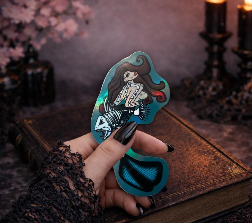 Gothic Nude Mermaid Die Cut Waterproof Sticker—Dive deep into haunting waters with this mesmerizing dark fantasy sticker!