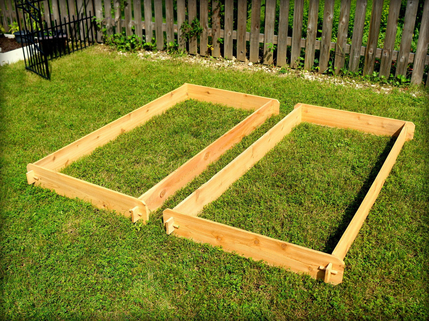 Timberlane Gardens raised garden bed kit set, two 3x6 cedar frames on grass on Tampa Home & Garden Store