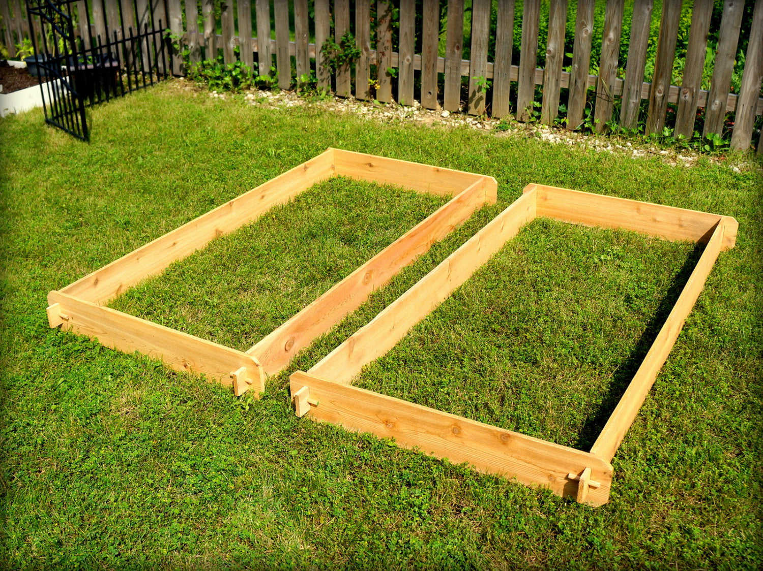 Timberlane Gardens raised garden bed kit set, two 3x6 cedar frames on grass on Tampa Home & Garden Store