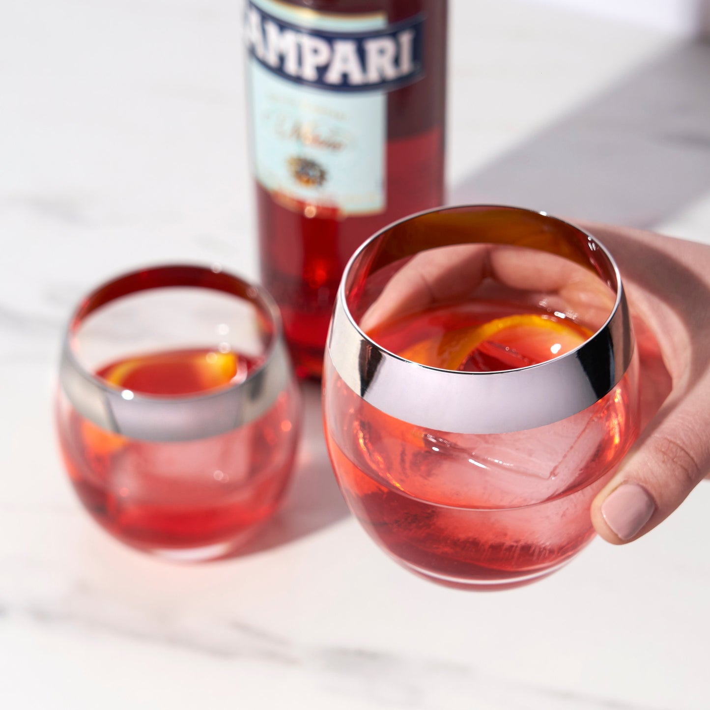 Modern Chrome Rimmed Crystal Tumblers Set of 2