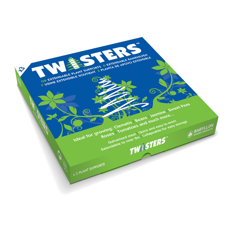 Twisters Extendable Plant Supports set of 3 by Gourmet Gardener Corp in blue and green packaging on Tampa Home & Garden Store