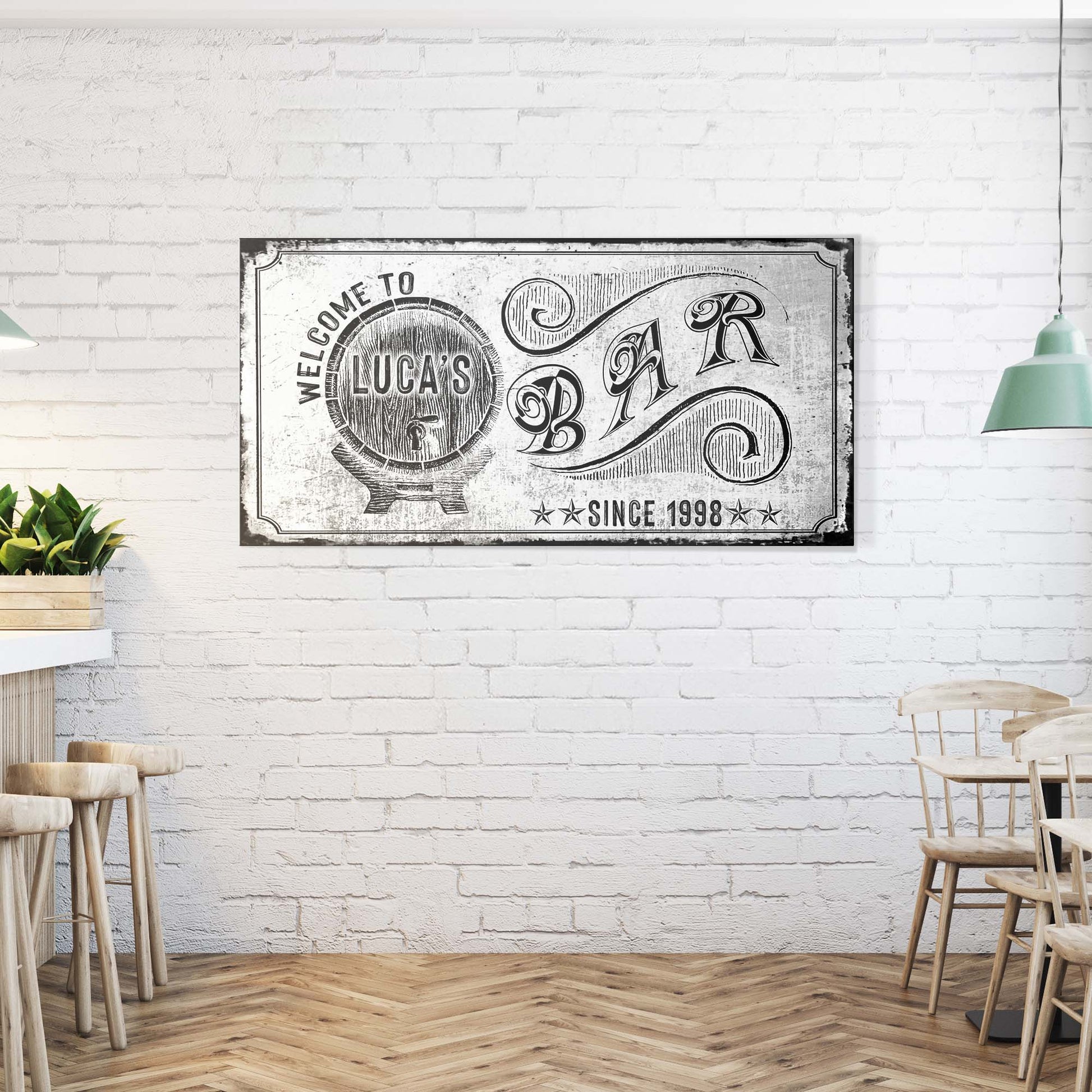 Bar Sign canvas by Tailored Canvases, black and white vintage poster on white brick wall on Tampa Home & Garden Store