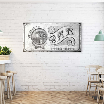 Bar Sign canvas by Tailored Canvases, black and white vintage poster on white brick wall on Tampa Home & Garden Store