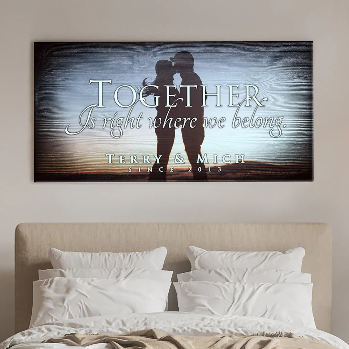 Together Sign V canvas wall art by Tailored Canvases featuring a couple silhouette at sunset on Tampa Home & Garden Store