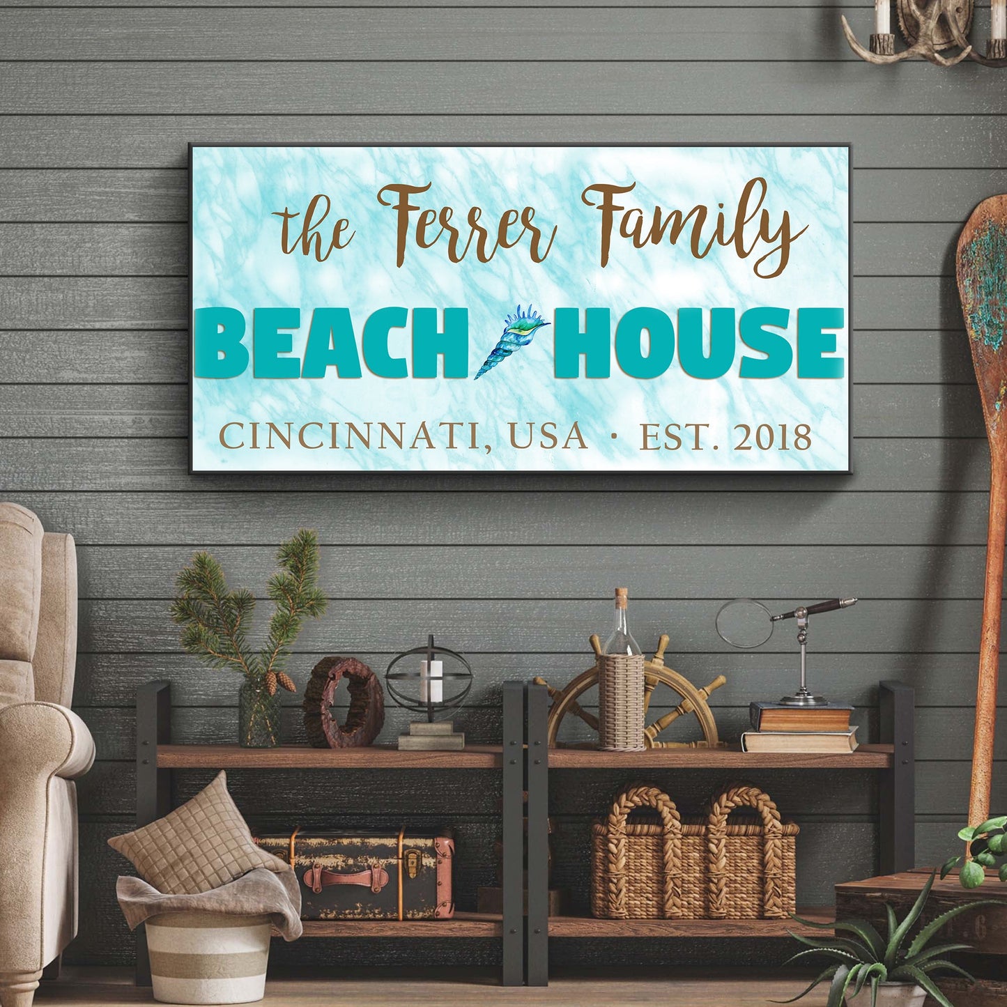 Beach House Sign II canvas with bold teal BEACH HOUSE and brown script family name on Tampa Home & Garden Store