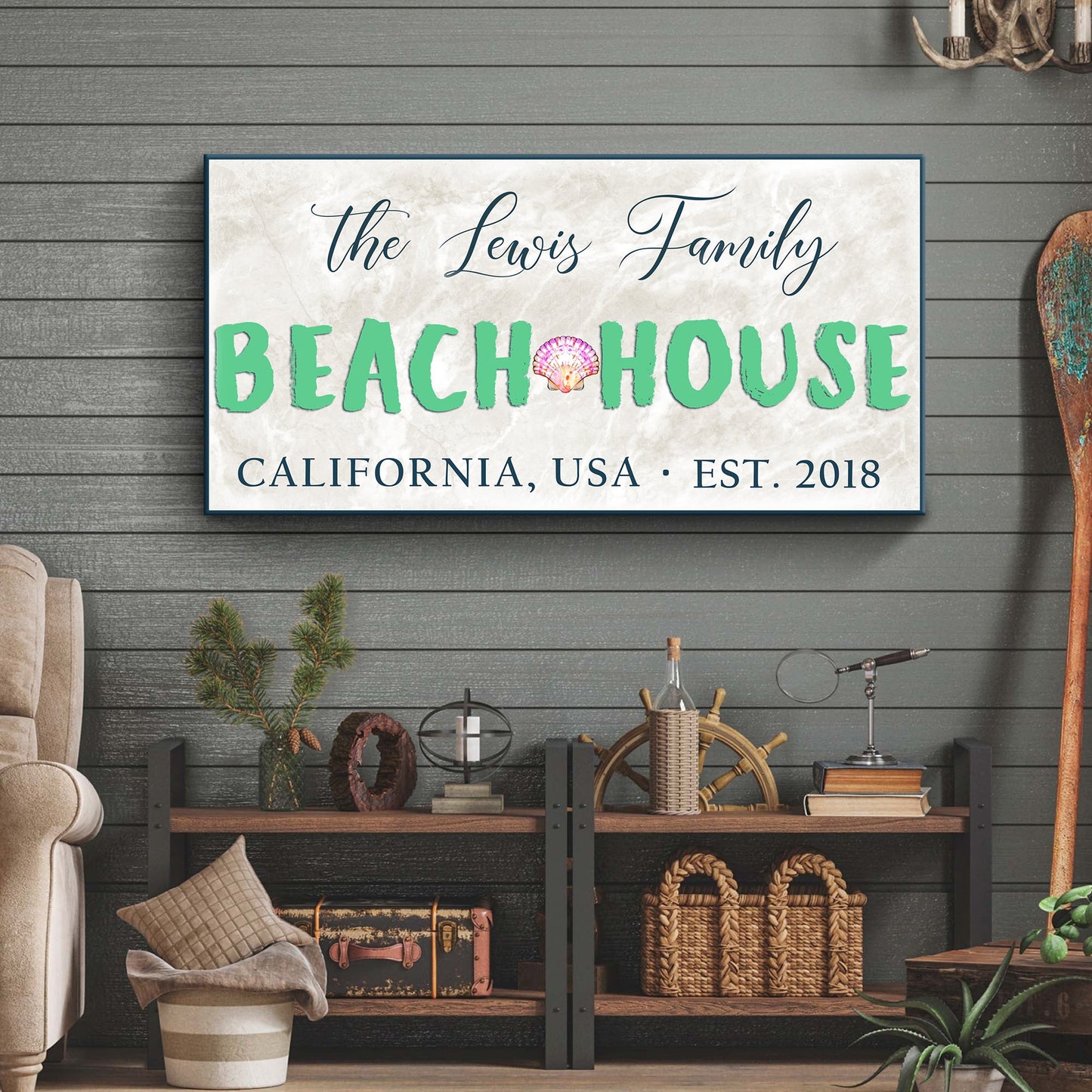 Beach House Sign III canvas by Tailored Canvases with blue frame and teal BEACH HOUSE on Tampa Home & Garden Store