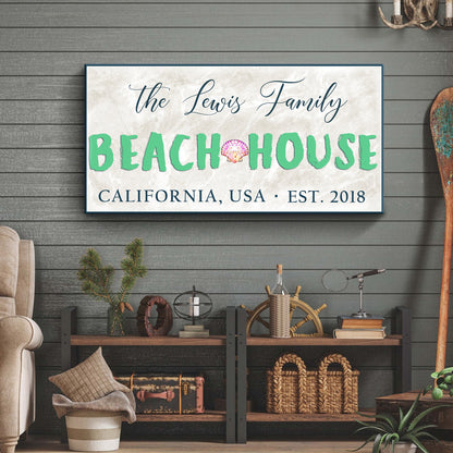 Beach House Sign III canvas by Tailored Canvases with blue frame and teal BEACH HOUSE on Tampa Home & Garden Store