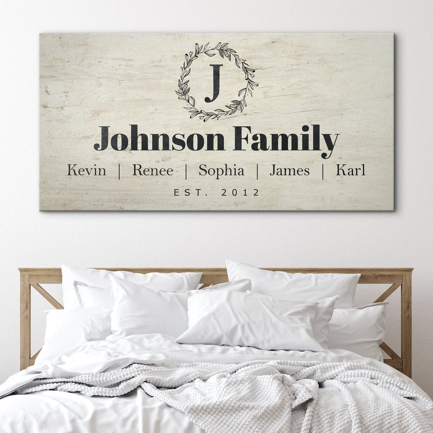 Personalized Rustic Family Sign canvas displays Johnson Family with J wreath and member names on Tampa Home & Garden Store