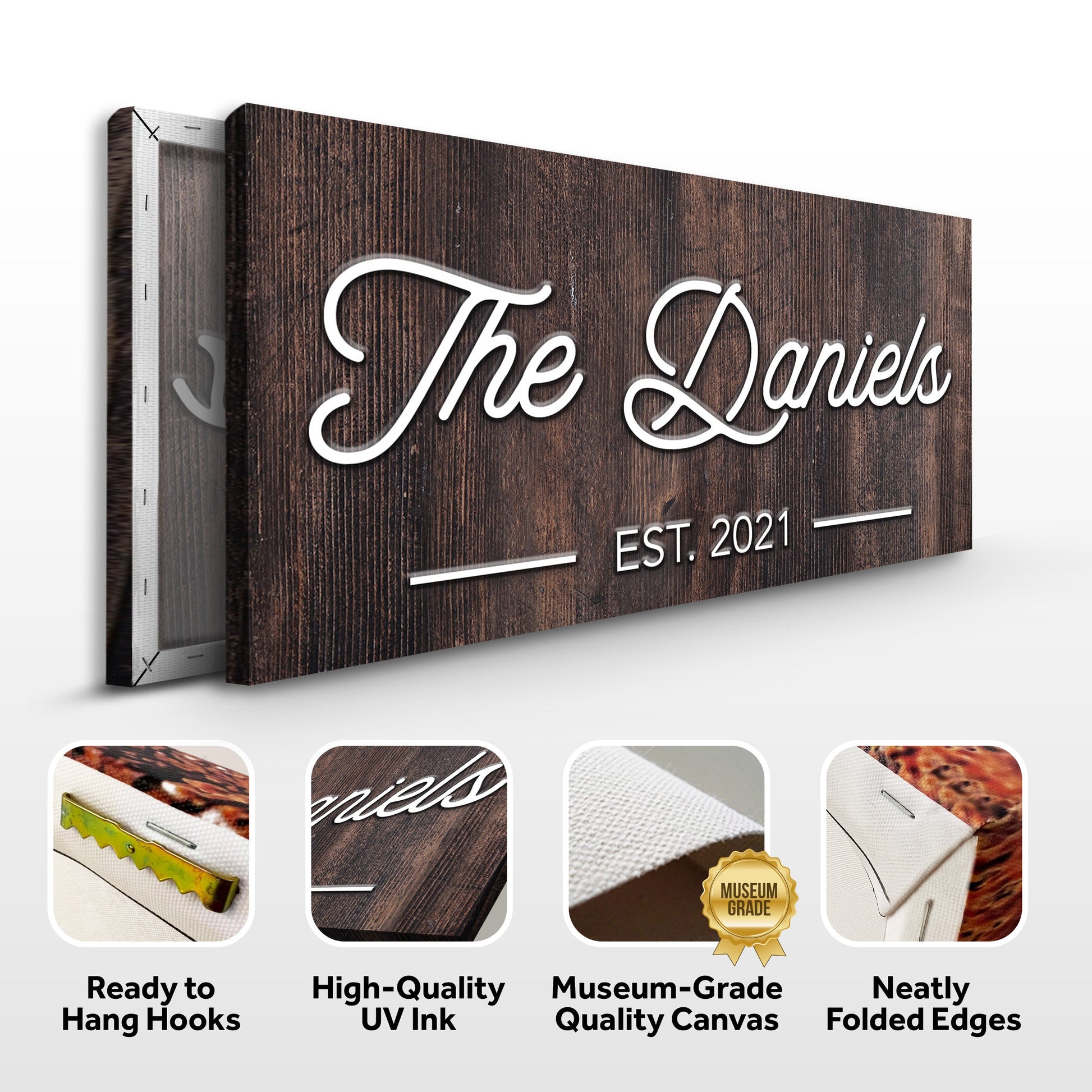Family Name Sign IV canvas with dark wood grain texture and white script lettering Tailored Canvases on Tampa Home & Garden Store