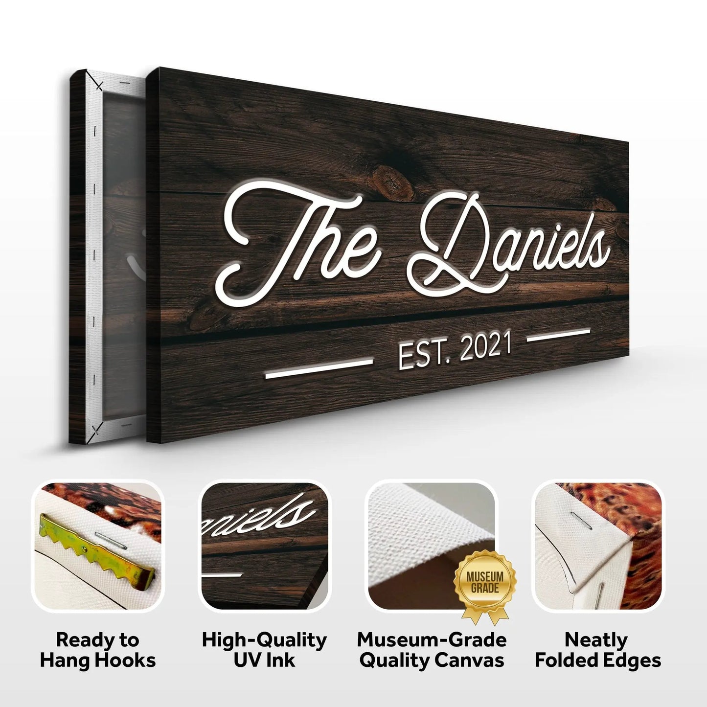 Wooden Family Name Sign canvas with dark wood grain and white cursive lettering on Tampa Home & Garden Store