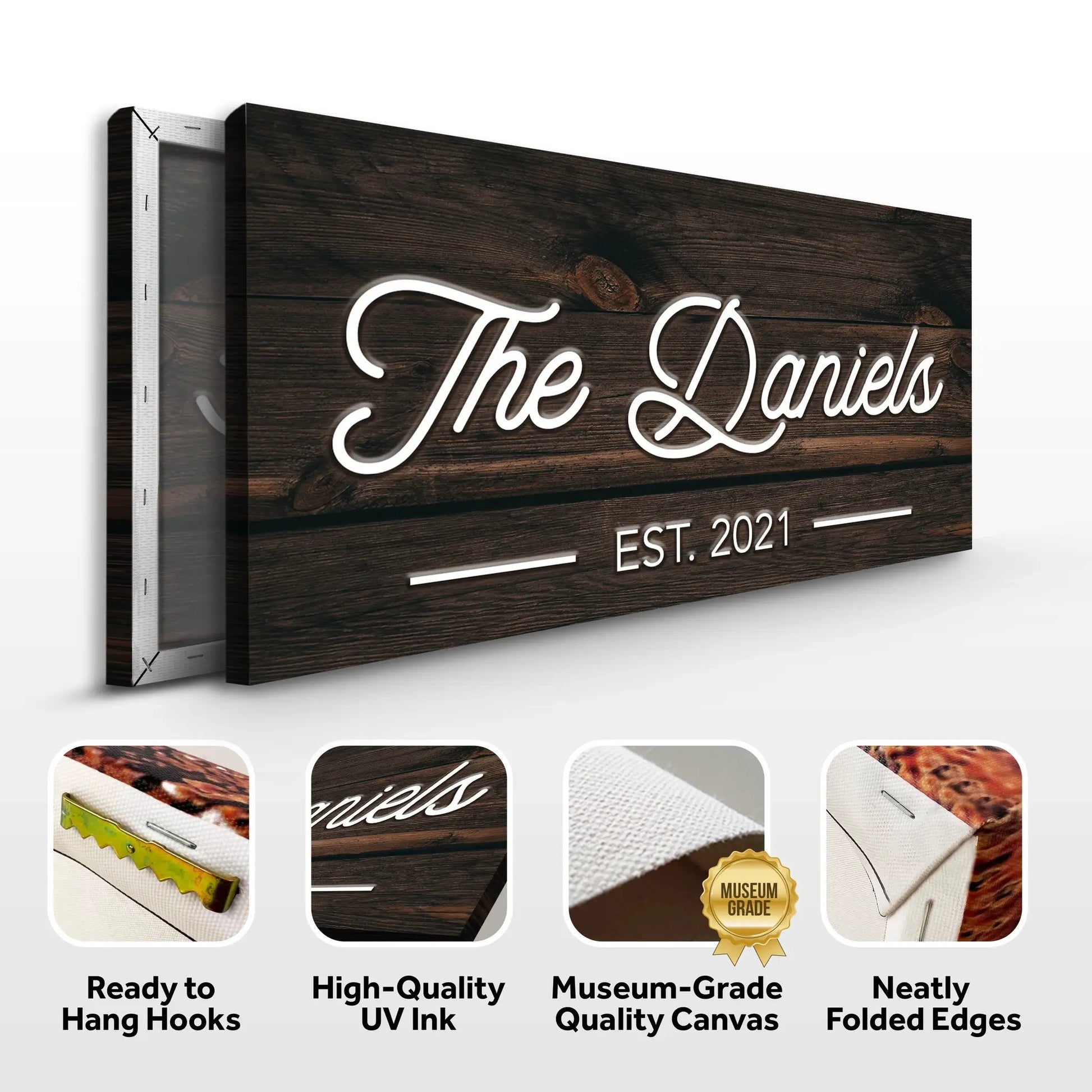 Wooden Family Name Sign canvas with dark wood grain and white cursive lettering on Tampa Home & Garden Store