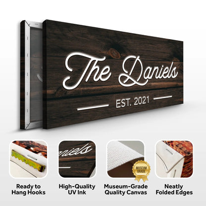 Wooden Family Name Sign canvas with dark wood grain and white cursive lettering on Tampa Home & Garden Store