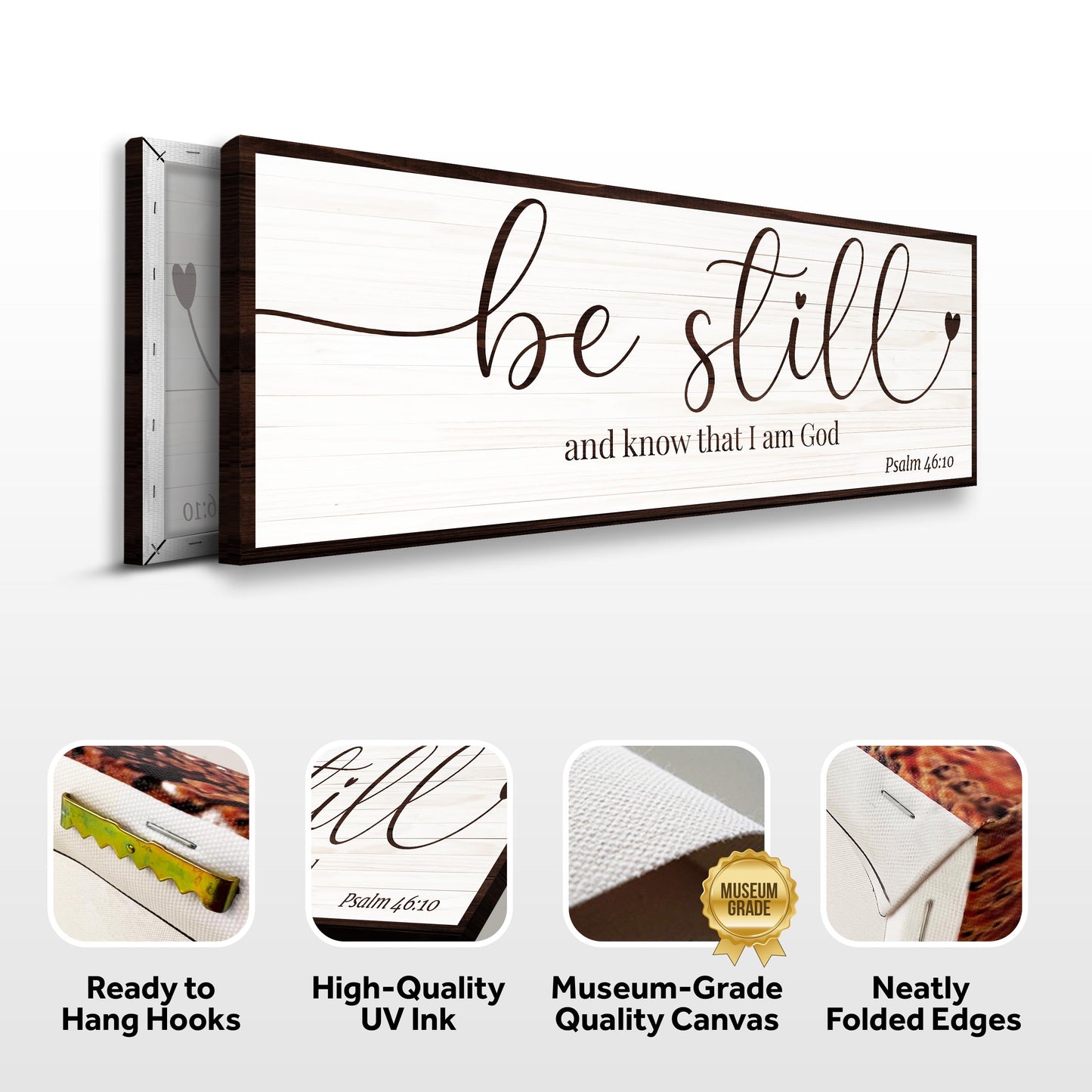 Be Still And Know That I Am God canvas sign on whitewashed planks with wood frame Psalm 46:10 on Tampa Home & Garden Store