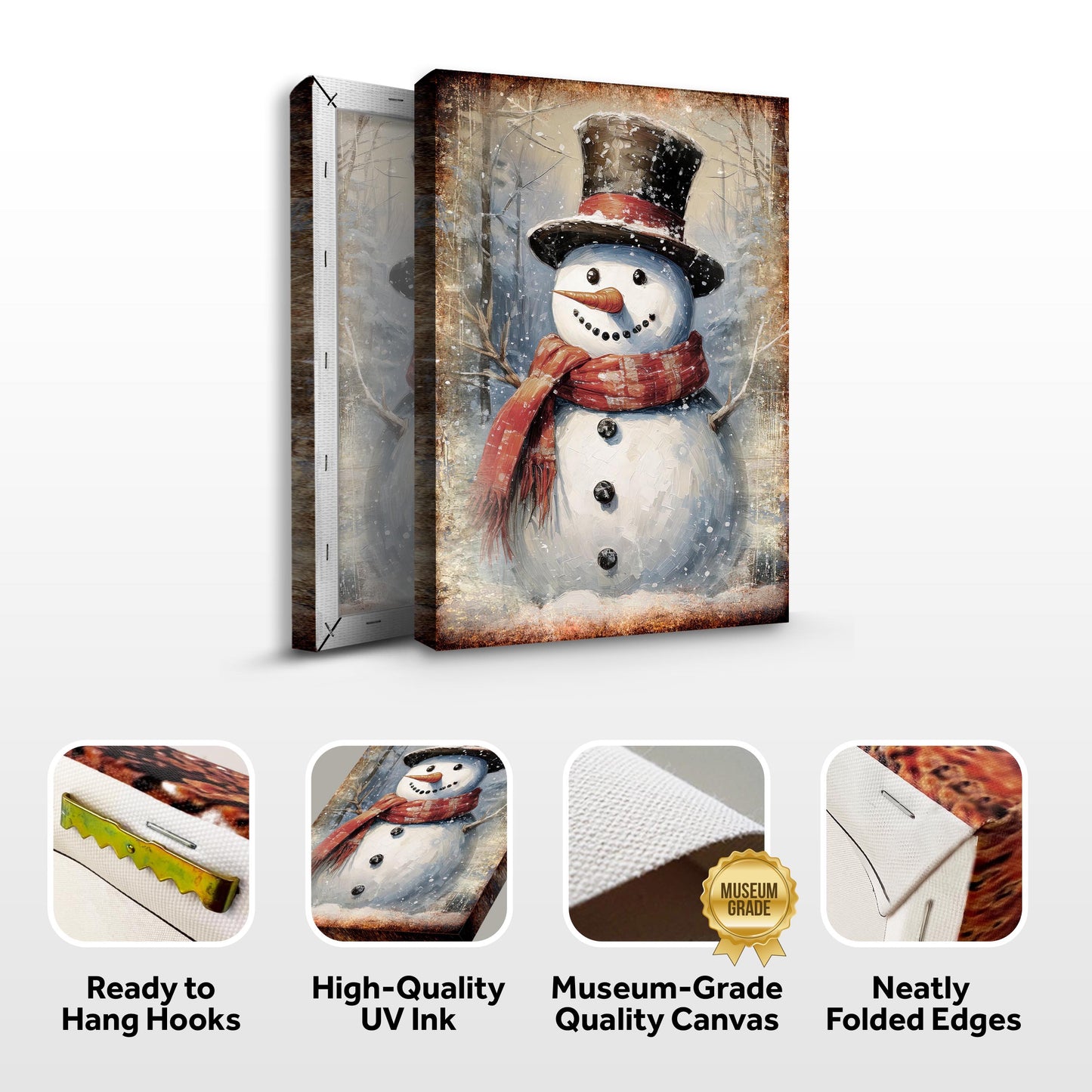 Vintage Snowman Wall Art canvas by Tailored Canvases with red scarf and black top hat in snowy forest on Tampa Home & Garden Store