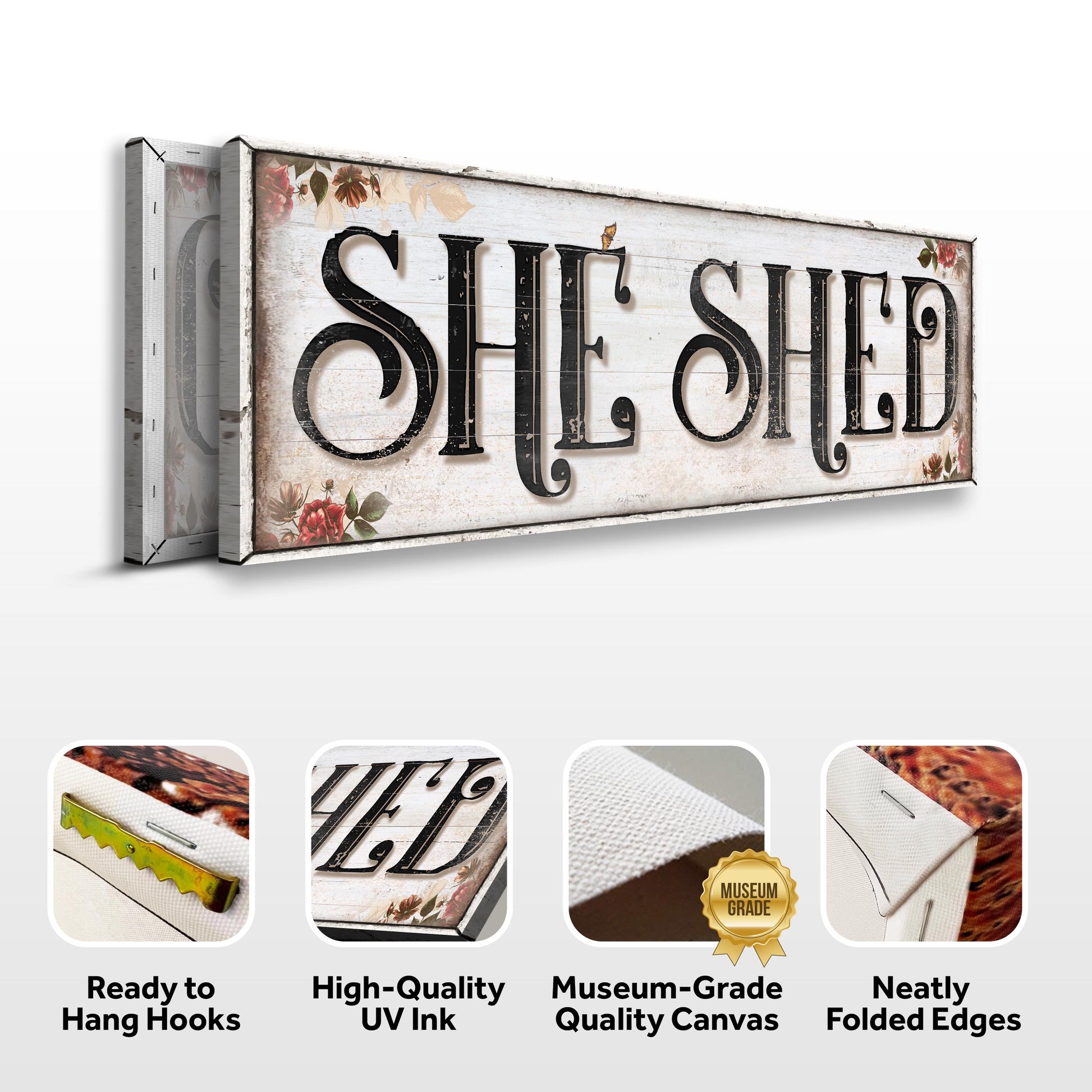 Personalized She Shed Sign XV canvas Tailored Canvases with distressed wood and floral accents on Tampa Home & Garden Store