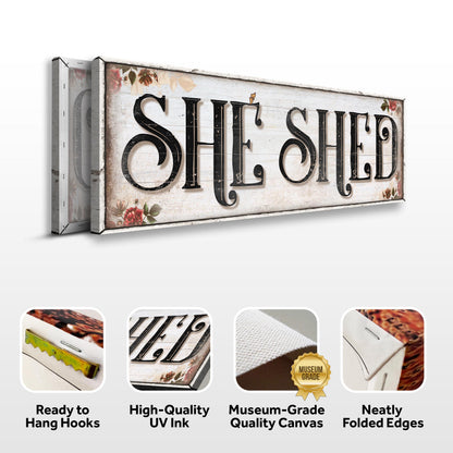 Personalized She Shed Sign XV canvas Tailored Canvases with distressed wood and floral accents on Tampa Home & Garden Store