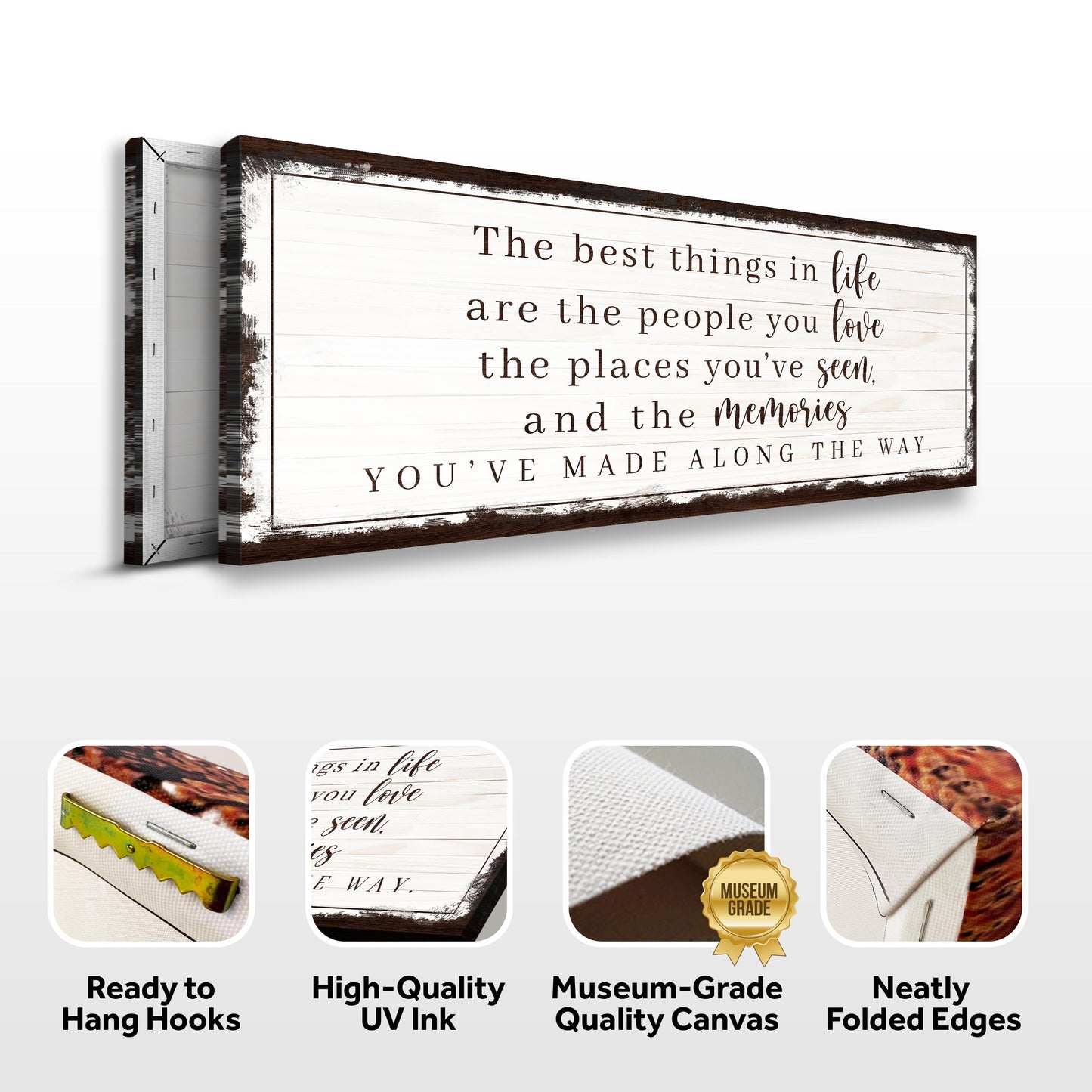 Canvas sign The Best Things In Life Sign VII by Tailored Canvases, rustic white wood panel with brown distressed frame on Tampa Home & Garden Store