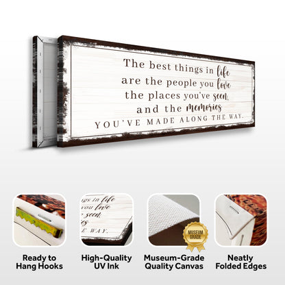 Canvas sign The Best Things In Life Sign VII by Tailored Canvases, rustic white wood panel with brown distressed frame on Tampa Home & Garden Store