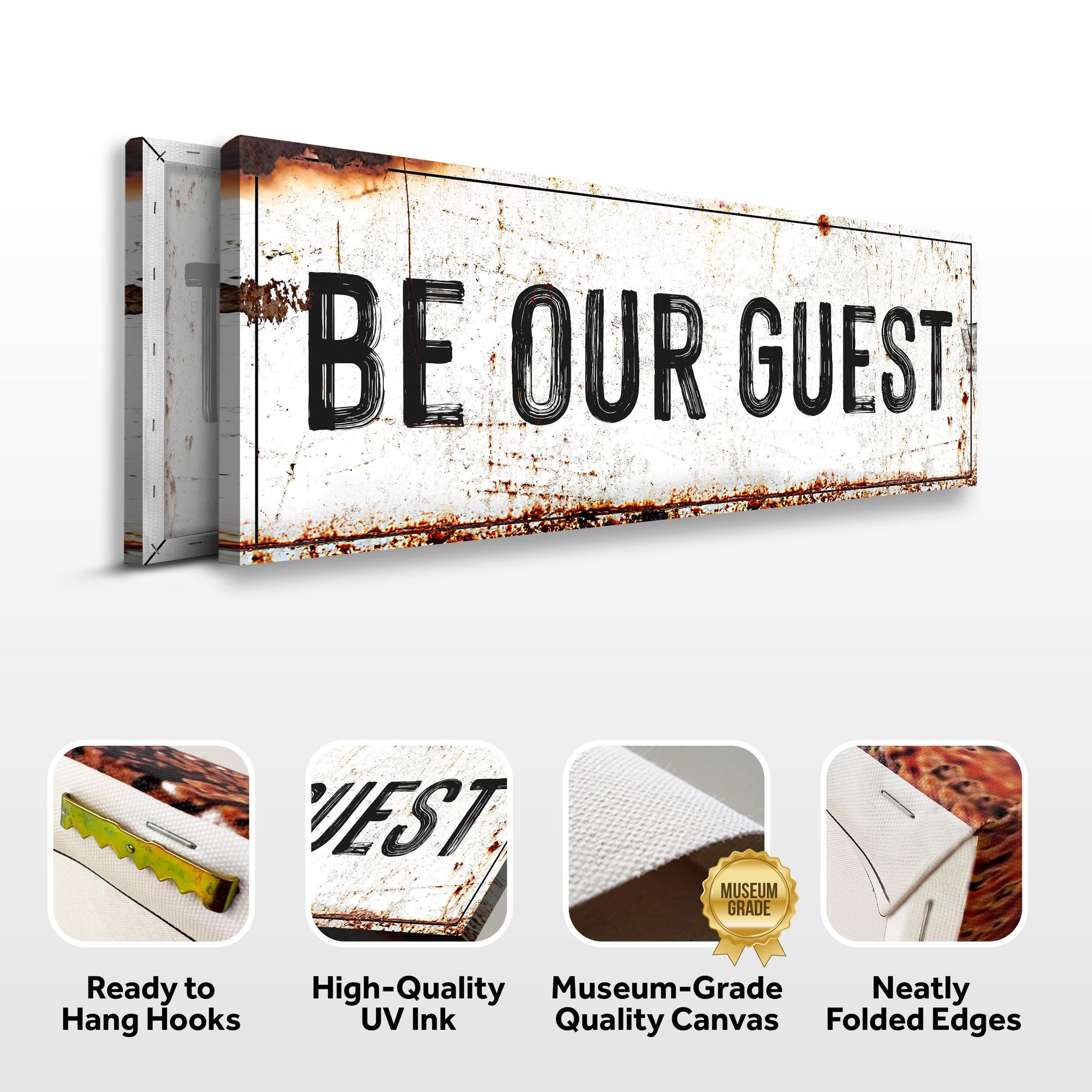 Be Our Guest Sign V canvas by Tailored Canvases rustic white distressed panel with bold lettering on Tampa Home & Garden Store