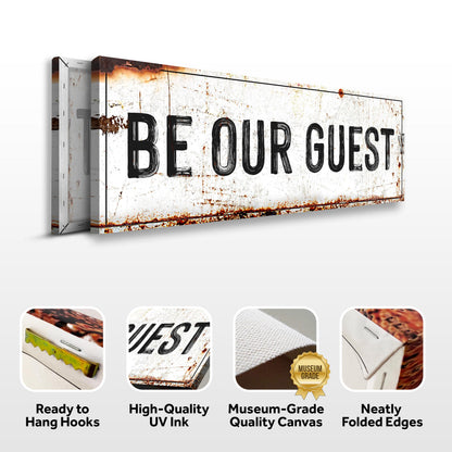 Be Our Guest Sign V canvas by Tailored Canvases rustic white distressed panel with bold lettering on Tampa Home & Garden Store