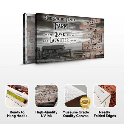 Farm Names Sign canvas featuring Where Love Grows And Laughter Flows rustic grayscale wood planks on Tampa Home & Garden Store