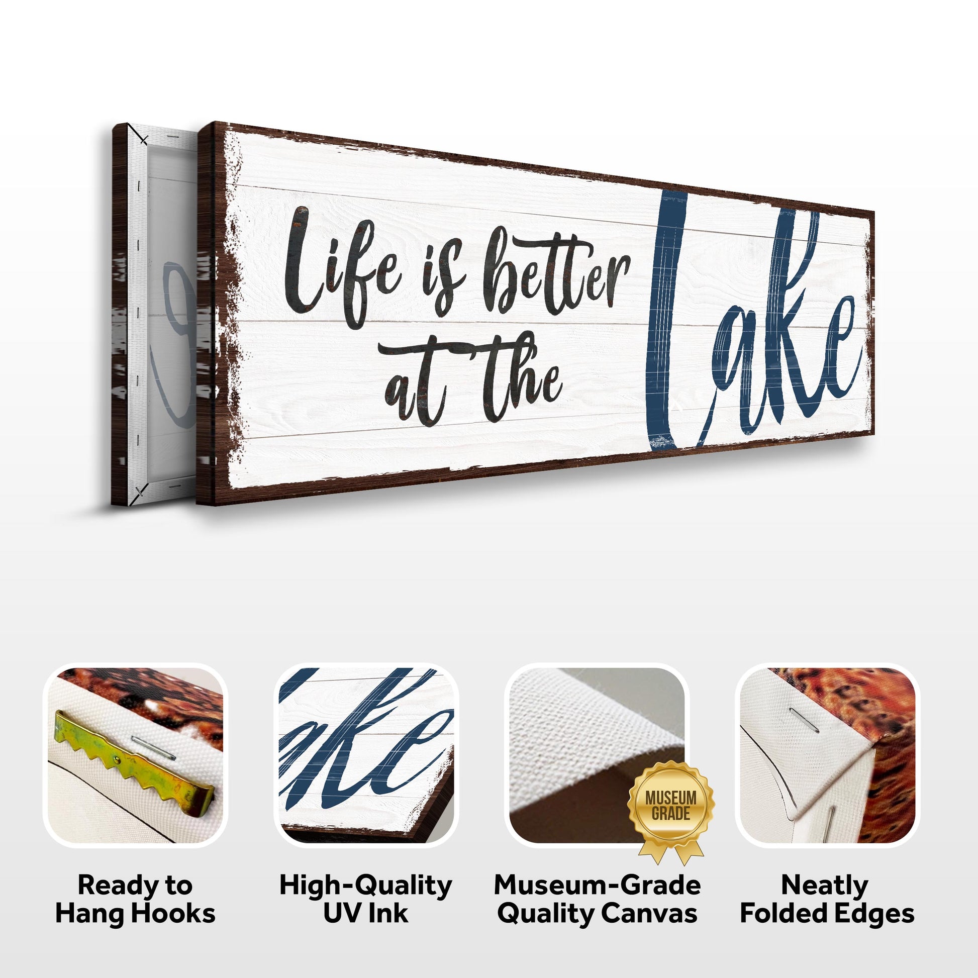 Life Is Better At The Lake Sign II canvas by Tailored Canvases; rustic whitewashed wood plank design on Tampa Home & Garden Store