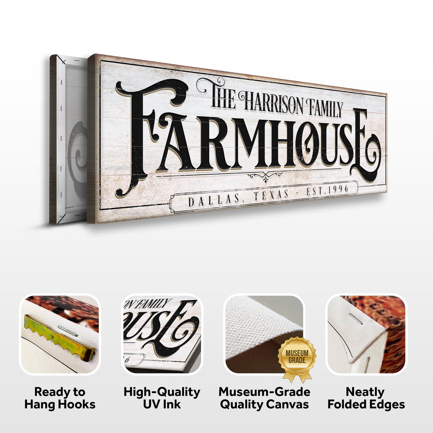 Vintage Rust Farmhouse canvas sign with white wood and The Harrison Family lettering on Tampa Home & Garden Store
