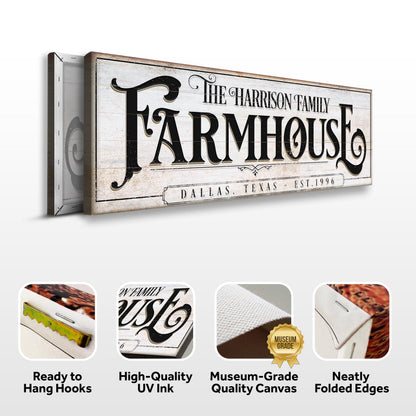 Vintage Rust Farmhouse canvas sign with white wood and The Harrison Family lettering on Tampa Home & Garden Store