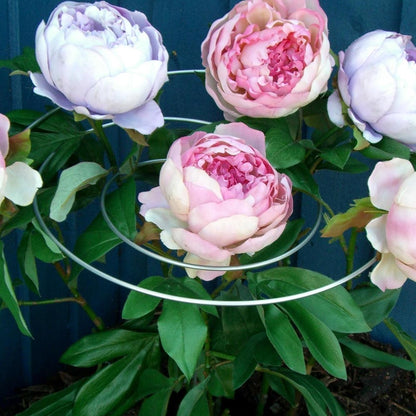 Spirals Multi-Stem Plant Supports Set of 3, silver metal rings cradle pink peony blooms on Tampa Home & Garden Store