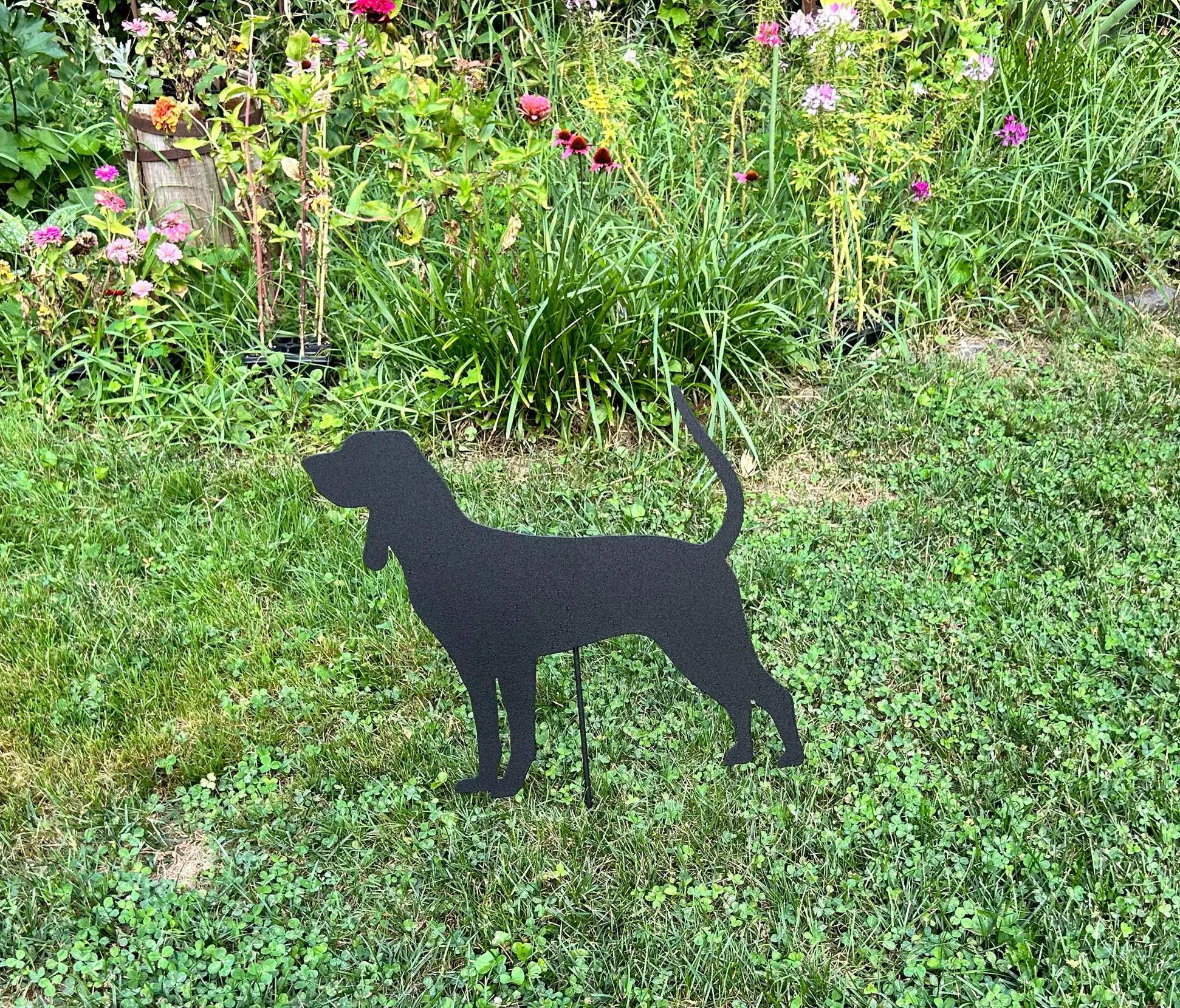 Black and tan coonhound garden stake silhouette in metal, Rustica Ornamentals lawn ornament on Tampa Home & Garden Store