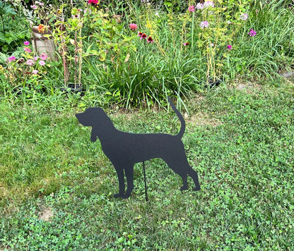Black and tan coonhound garden stake silhouette in metal, Rustica Ornamentals lawn ornament on Tampa Home & Garden Store
