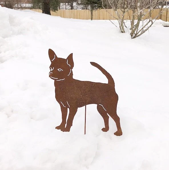 Chihuahua garden stake metal silhouette in rust color by Rustica Ornamentals lawn ornament on Tampa Home & Garden Store