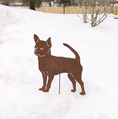 Chihuahua garden stake metal silhouette in rust color by Rustica Ornamentals lawn ornament on Tampa Home & Garden Store