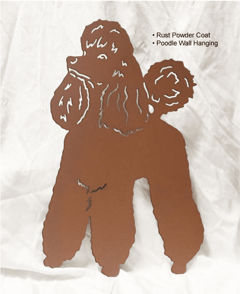 Metal poodle sculpture wall art with rust powder coat for lawn ornament on Tampa Home & Garden Store