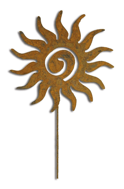 Rust-colored metal sun wall art on stake by Rustica Ornamentals, lawn ornament on Tampa Home & Garden Store