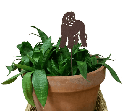 Labradoodle plant stake by Rustica Ornamentals, brown silhouette on metal stake in pot on Tampa Home & Garden Store