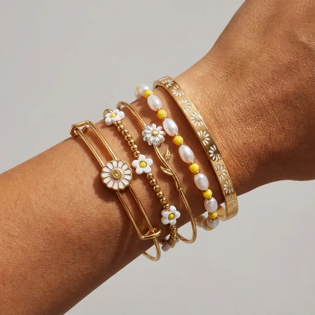 Daisy Flower Beaded Bangle Set of Five Pieces