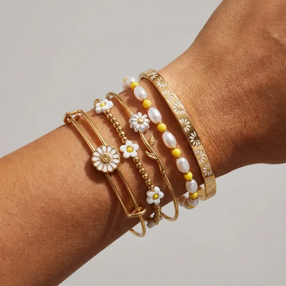 Daisy Flower Beaded Bangle Set of Five Pieces