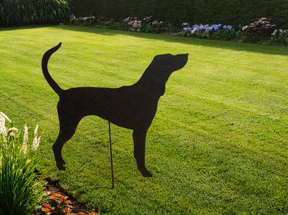 Plott Hound garden stake silhouette in black metal by Rustica Ornamentals, lawn ornament on Tampa Home & Garden Store