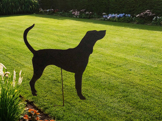 Plott Hound garden stake silhouette in black metal by Rustica Ornamentals, lawn ornament on Tampa Home & Garden Store