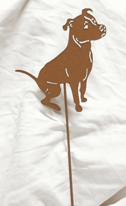 Pit Bull Plant Stake Rustica Ornamentals style 2, rust metal dog silhouette atop stake on Tampa Home & Garden Store