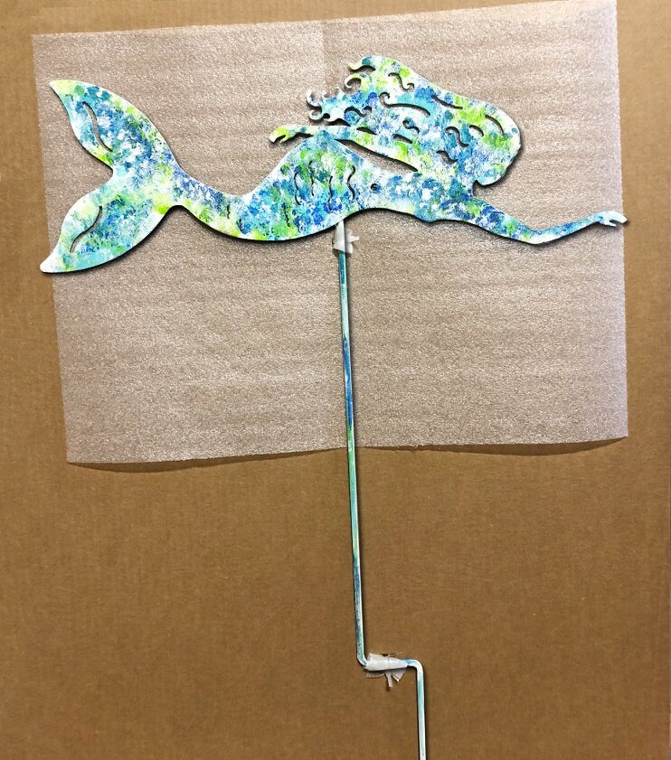 Mermaid garden stake statue in blue-green speckled metal finish on Tampa Home & Garden Store