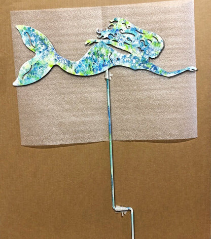 Mermaid garden stake statue in blue-green speckled metal finish on Tampa Home & Garden Store