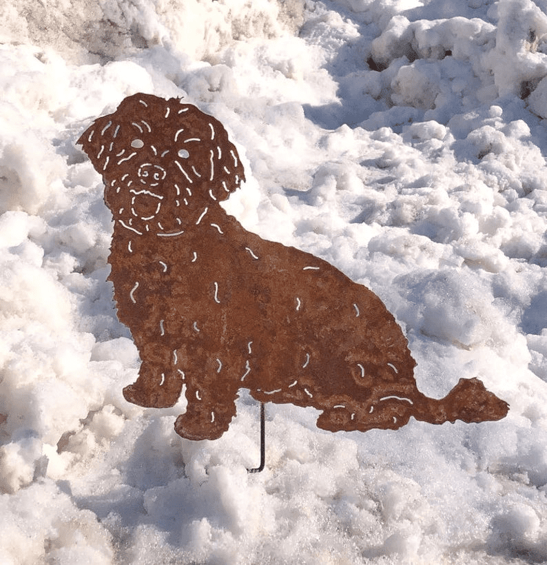 Havanese dog garden stake in rustic rust metal finish by Rustica Ornamentals for outdoor living on Tampa Home & Garden Store